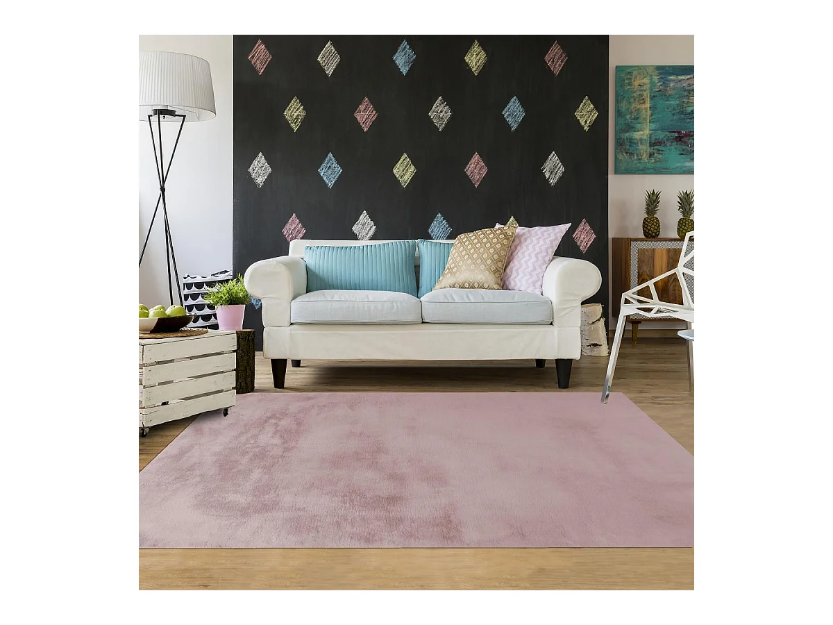 Tapis longs poils shaggy 80x150 rectangle fait à la main rose motif uni CAREI +