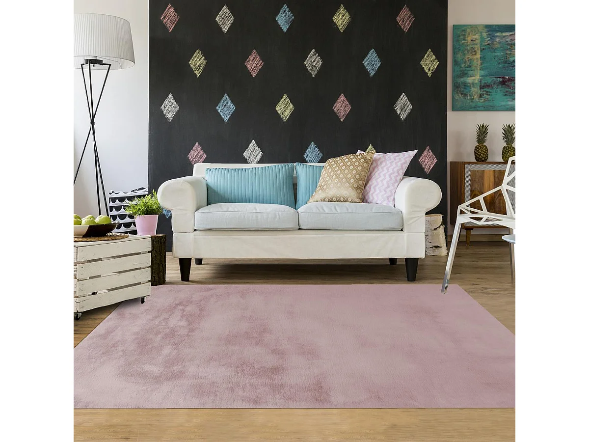 Tapis longs poils shaggy 80x150 rectangle fait à la main rose motif uni CAREI +