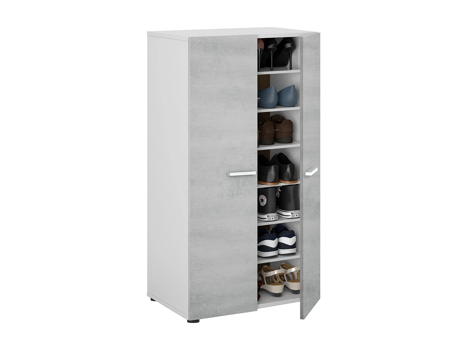 Armário para sapatos Cloe - 2 portas - 6 prateleiras - Efeito betão - Branco e cimento - L55 x P36 x A103 cm