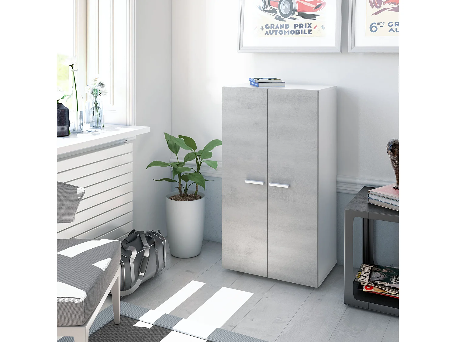 Schoenenkast Cloe - 2 deuren - 6 planken - Beton effect - Wit en cement - L55 x D36 x H103 cm