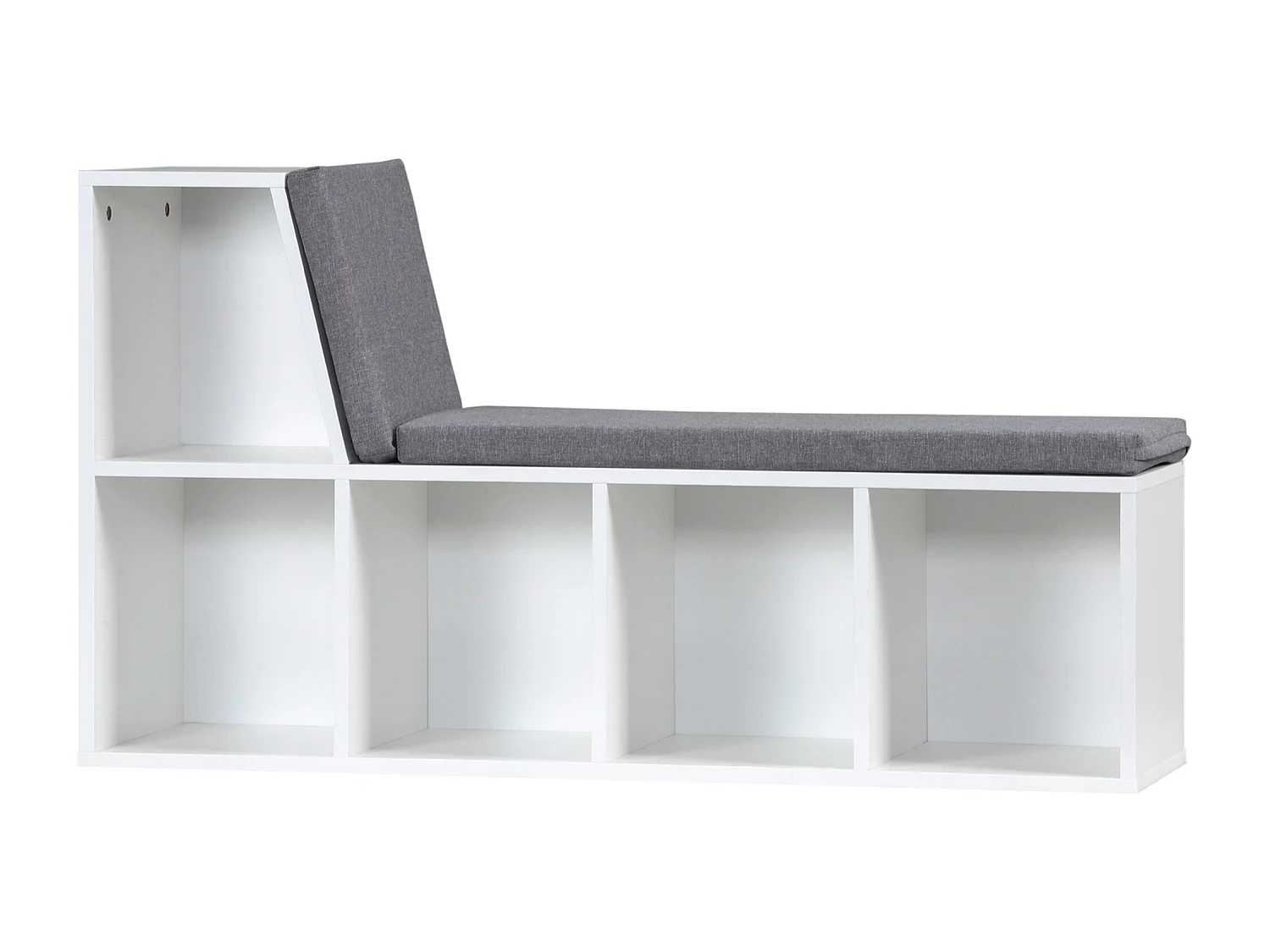Bibliothèque banc 2 en 1 design contemporain 5 casiers 2 coussins fournis 108L x 30l x 60H cm blanc gris chiné