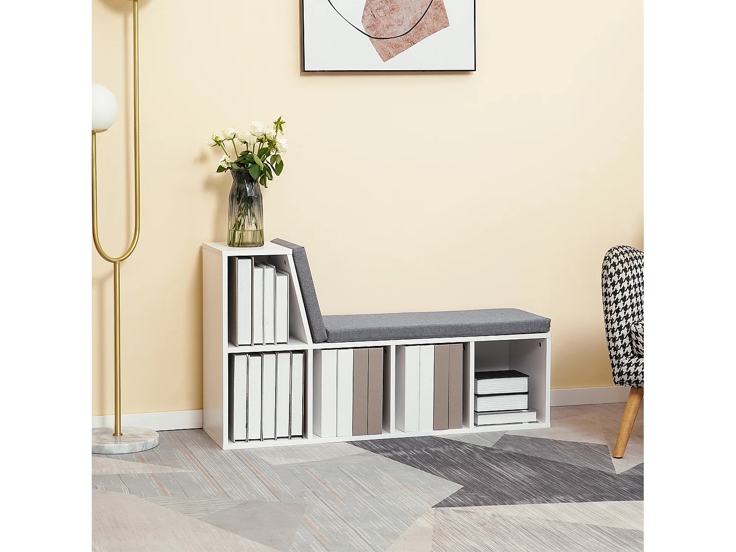 Bibliothèque banc 2 en 1 design contemporain 5 casiers 2 coussins fournis 108L x 30l x 60H cm blanc gris chiné