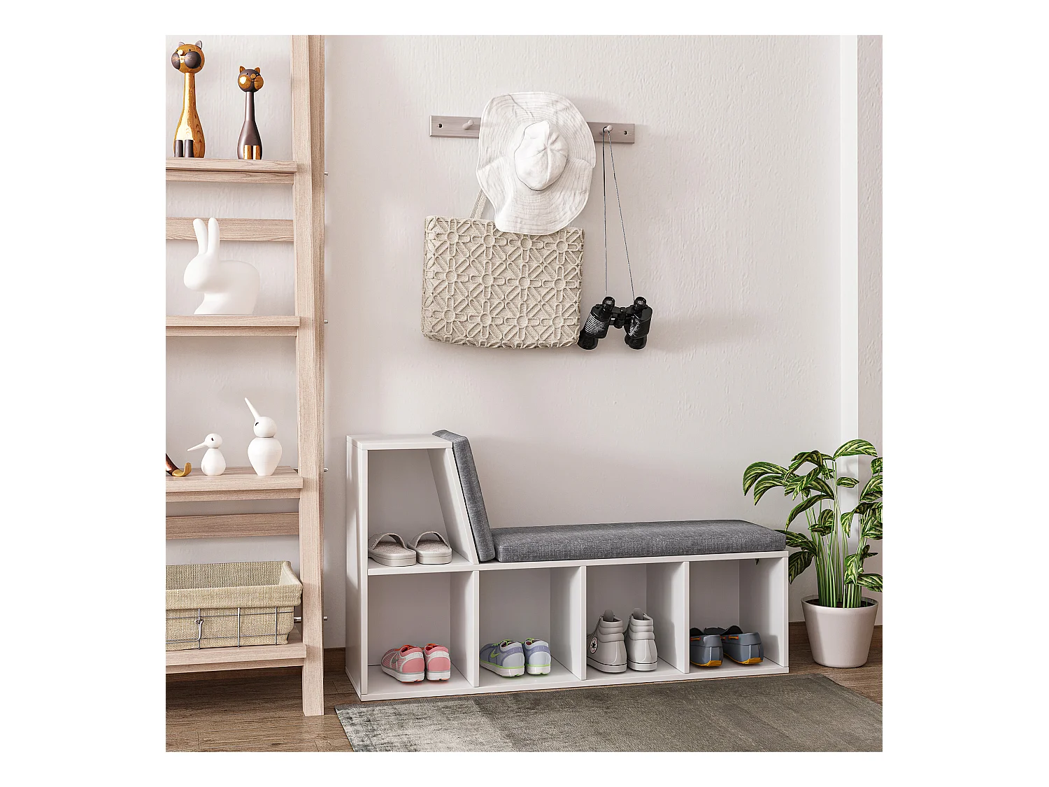 Bibliothèque banc 2 en 1 design contemporain 5 casiers 2 coussins fournis 108L x 30l x 60H cm blanc gris chiné