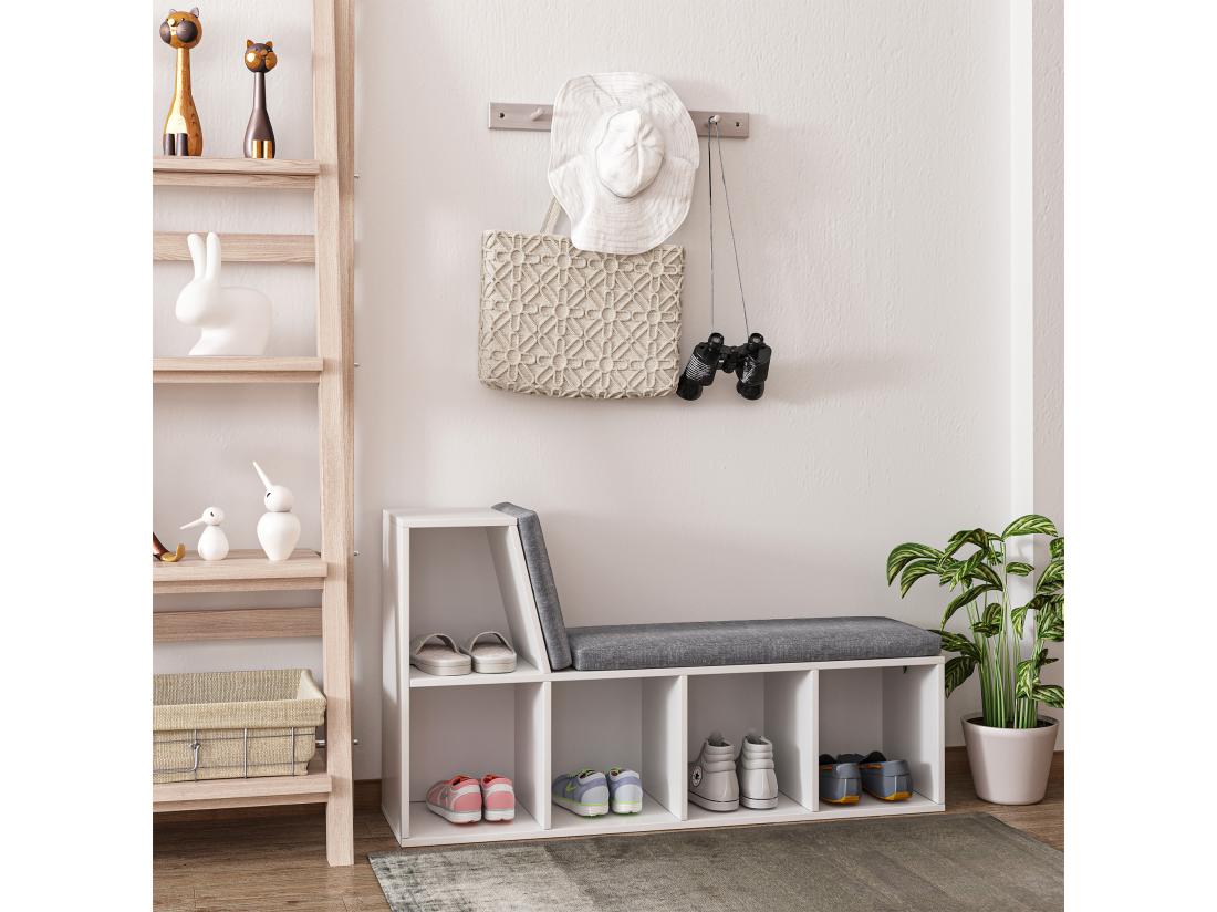 vente unique Bibliothèque banc 2 en 1 design contemporain 5 casiers 2 coussins fournis 108L x 30l x 60H cm blanc gris chiné