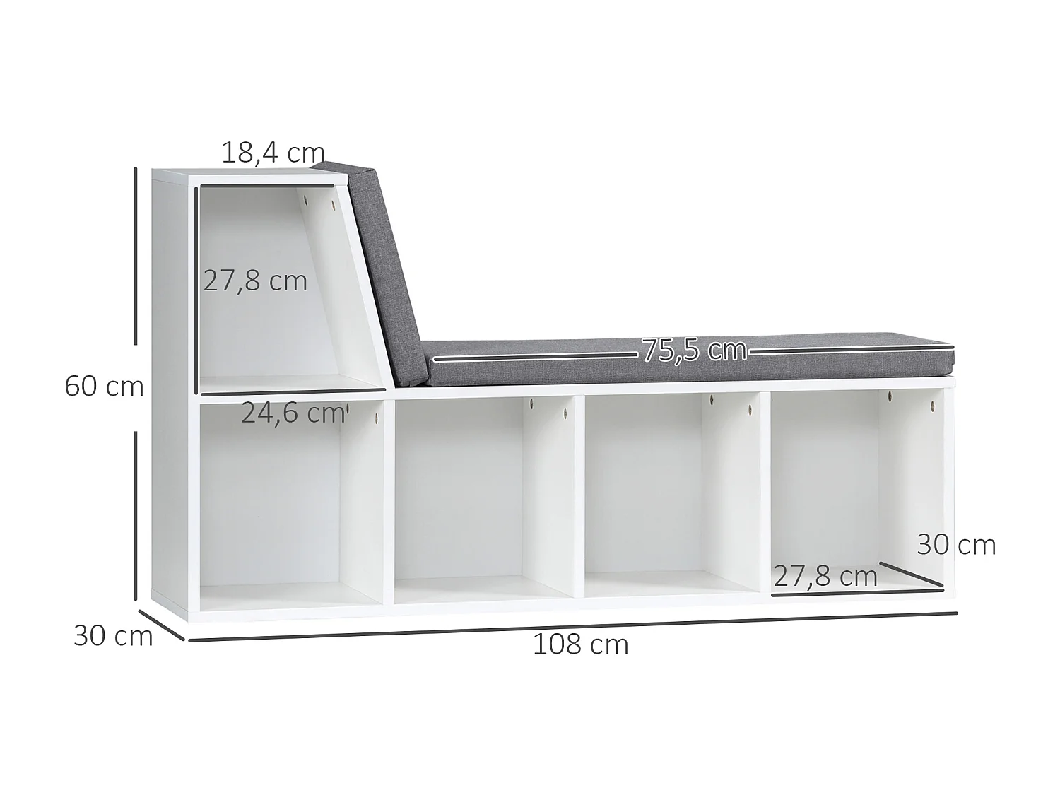 Bibliothèque banc 2 en 1 design contemporain 5 casiers 2 coussins fournis 108L x 30l x 60H cm blanc gris chiné