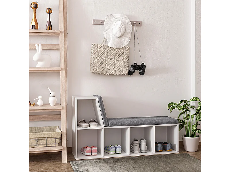 Bibliothèque banc 2 en 1 design contemporain 5 casiers 2 coussins fournis 108L x 30l x 60H cm blanc gris chiné