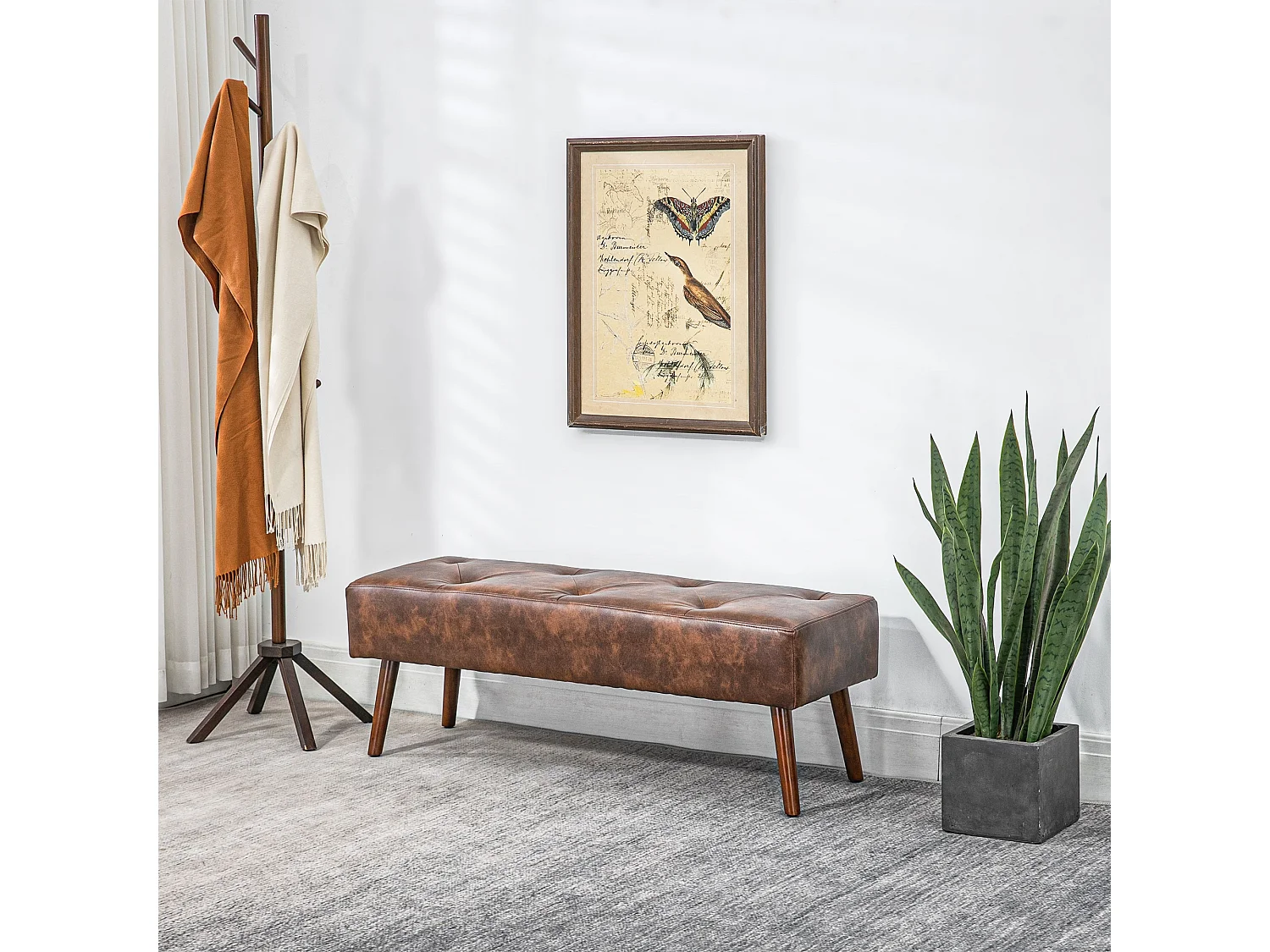 Banc banquette capitonnée style classique chic bois hévéa revêtement synthétique marron effet vieilli