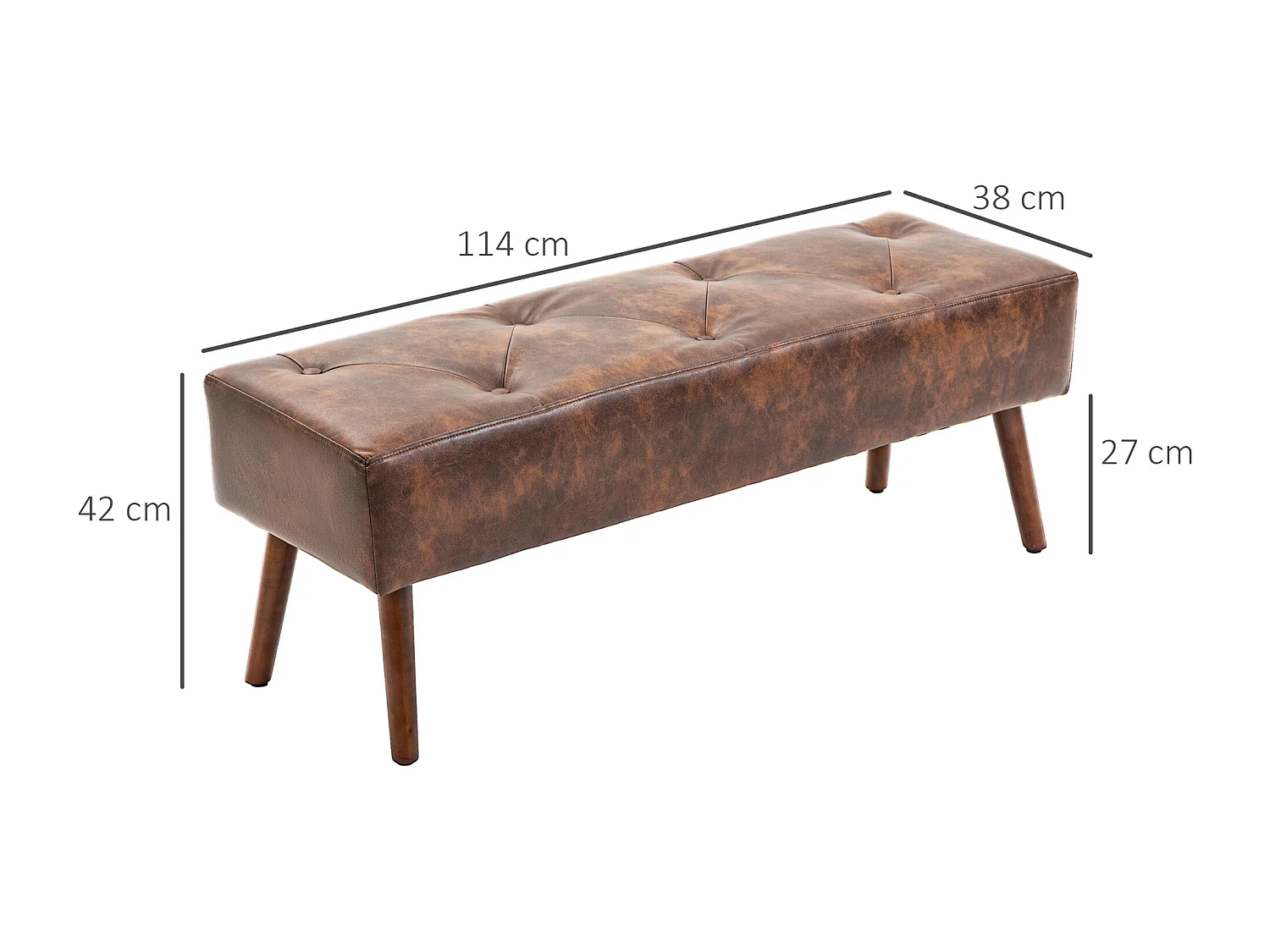 Banc banquette capitonnée style classique chic bois hévéa revêtement synthétique marron effet vieilli