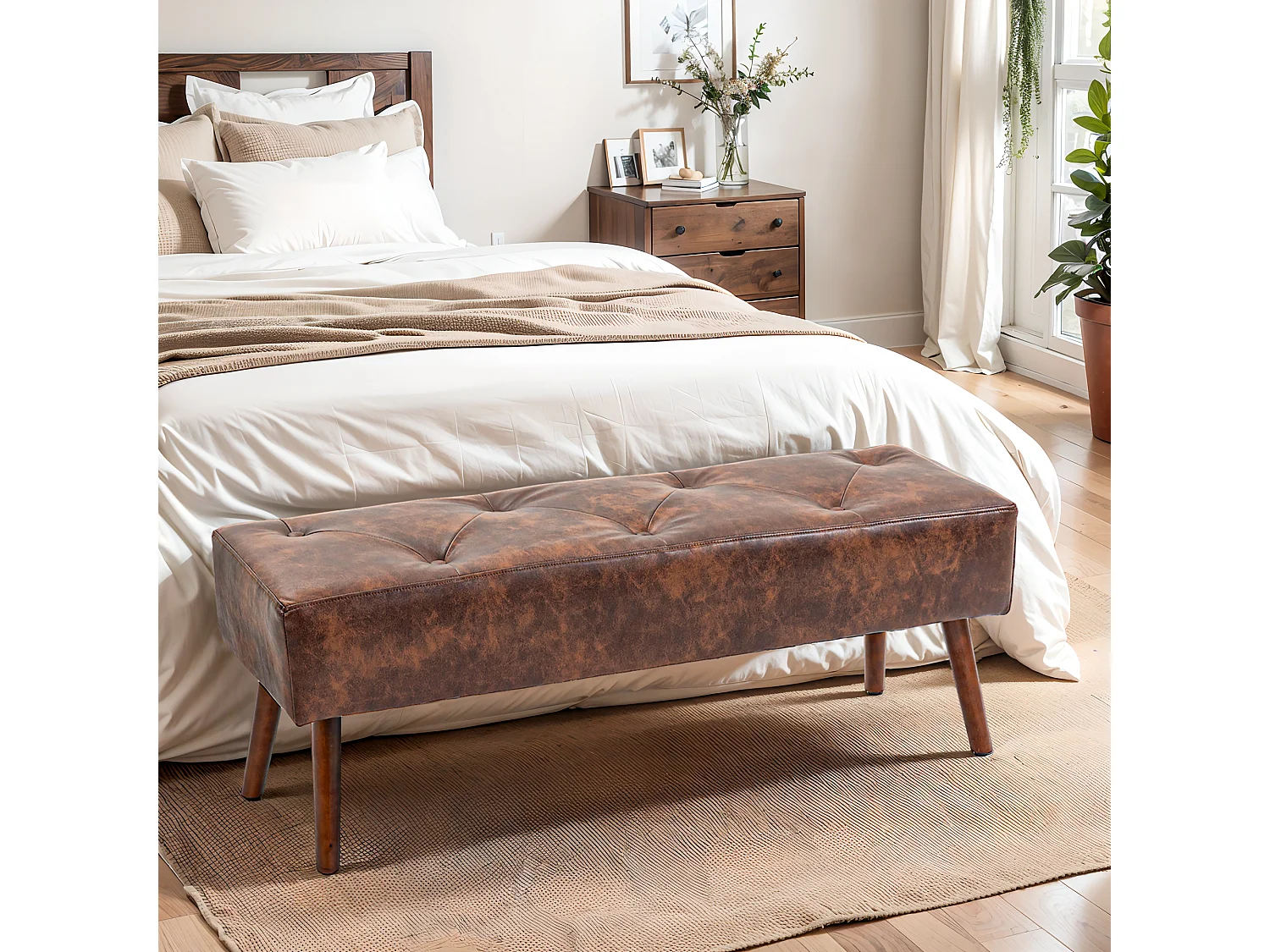 Banc banquette capitonnée style classique chic bois hévéa revêtement synthétique marron effet vieilli