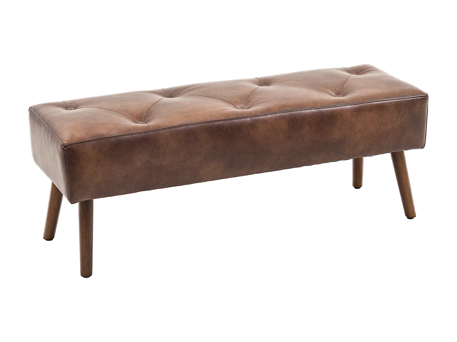 Banc banquette capitonnée style classique chic bois hévéa revêtement synthétique marron effet vieilli