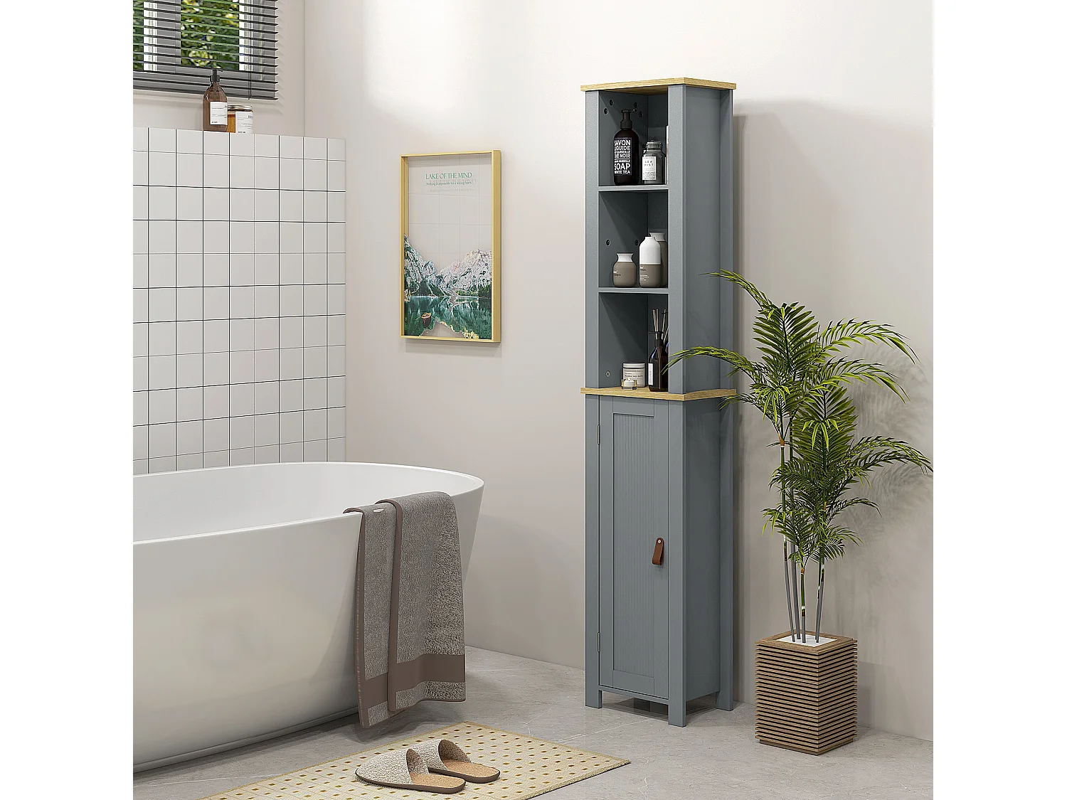 Meuble colonne rangement de salle de bain sur pied porte 2 étagères 3 niches aspect bois clair gris