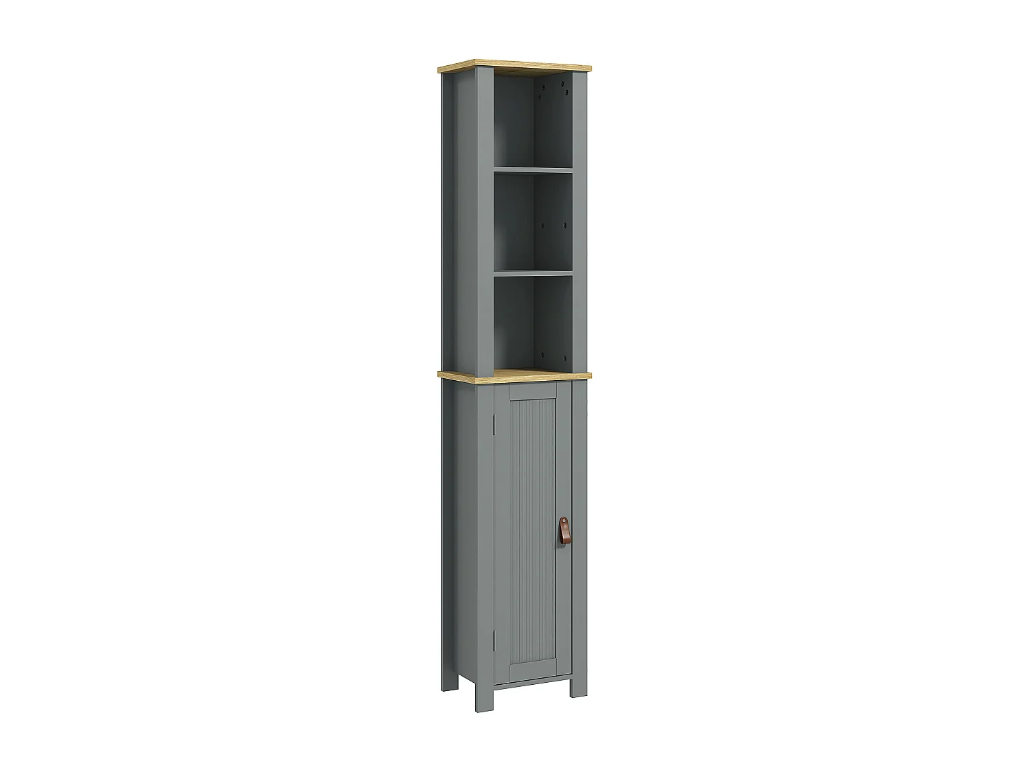 Meuble colonne rangement de salle de bain sur pied porte 2 étagères 3 niches aspect bois clair gris