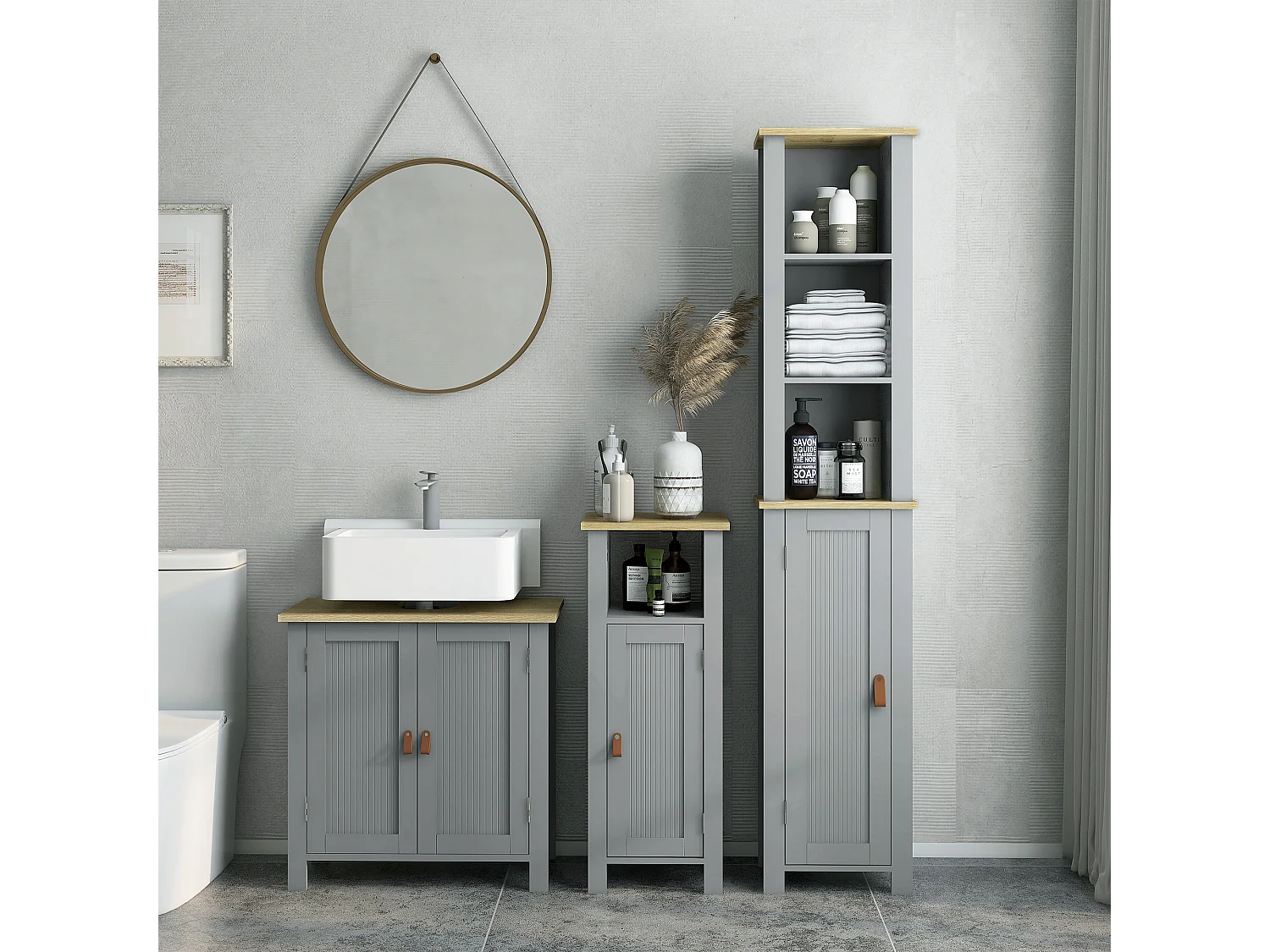 Meuble colonne rangement de salle de bain sur pied porte 2 étagères 3 niches aspect bois clair gris
