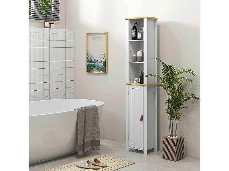 Meuble colonne rangement de salle de bain sur pied porte 2 étagères 3 niches aspect bois clair blanc