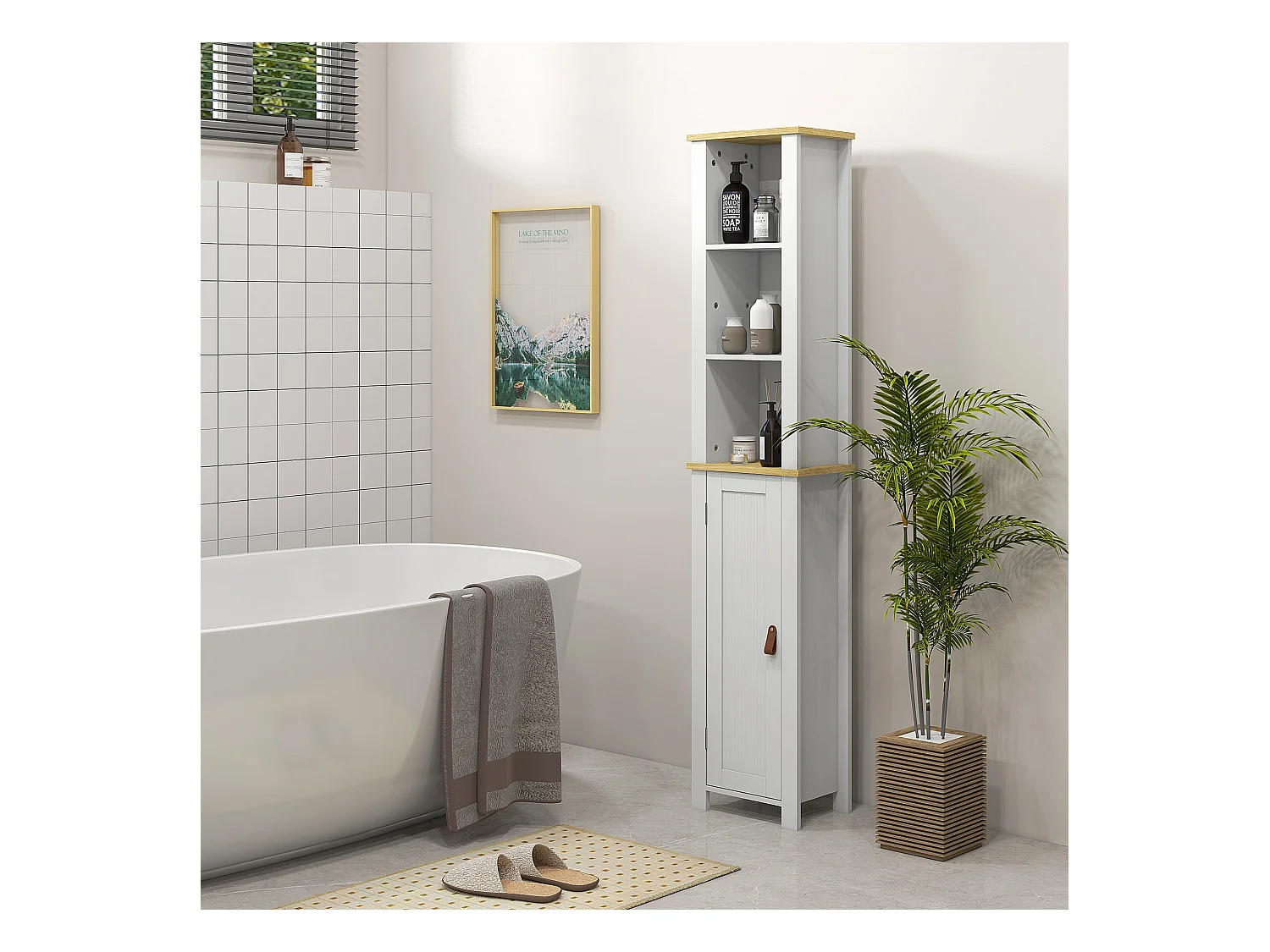 Meuble colonne rangement de salle de bain sur pied porte 2 étagères 3 niches aspect bois clair blanc
