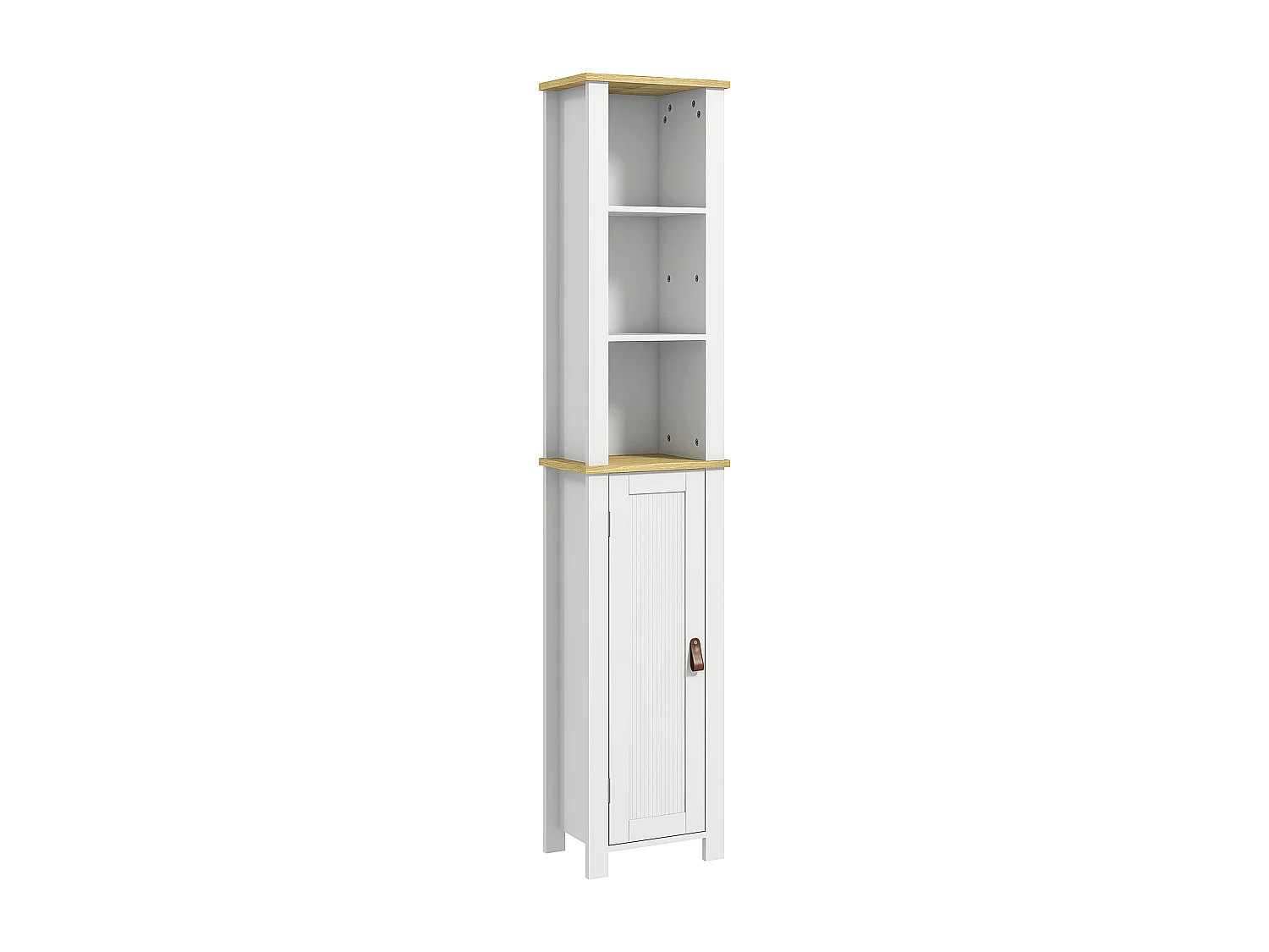Meuble colonne rangement de salle de bain sur pied porte 2 étagères 3 niches aspect bois clair blanc