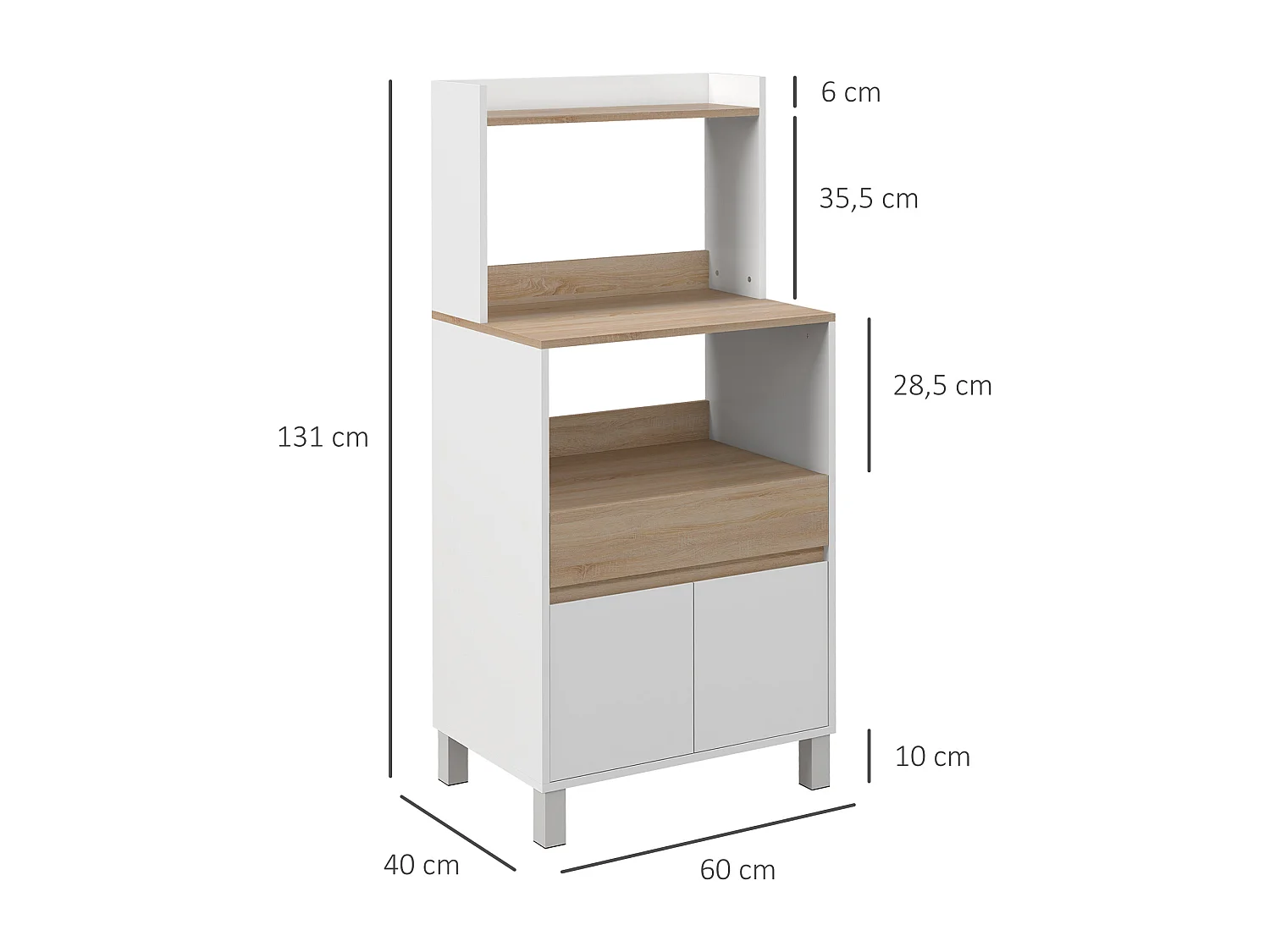Meuble de rangement desserte de cuisine pour micro-ondes avec placard tiroir étagère supérieur 60 x 40 x 131 cm naturel et blanc