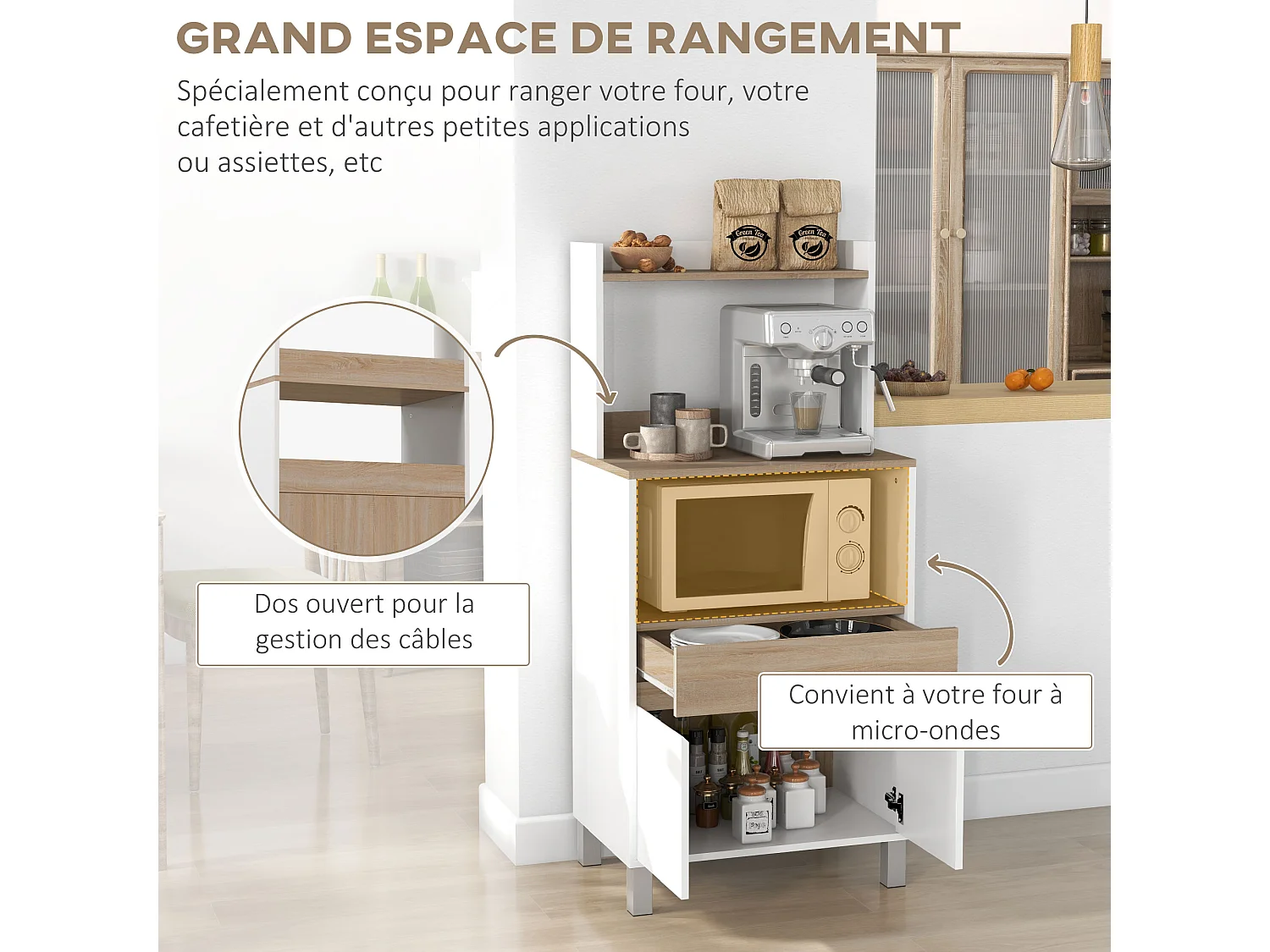 Meuble de rangement desserte de cuisine pour micro-ondes avec placard tiroir étagère supérieur 60 x 40 x 131 cm naturel et blanc