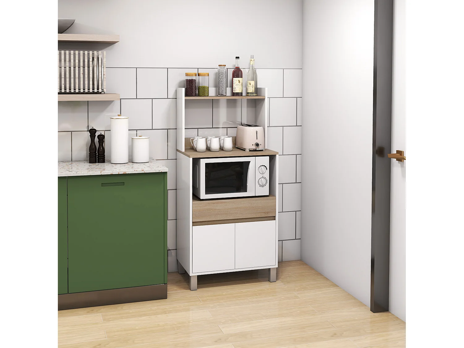 Meuble de rangement desserte de cuisine pour micro-ondes avec placard tiroir étagère supérieur 60 x 40 x 131 cm naturel et blanc