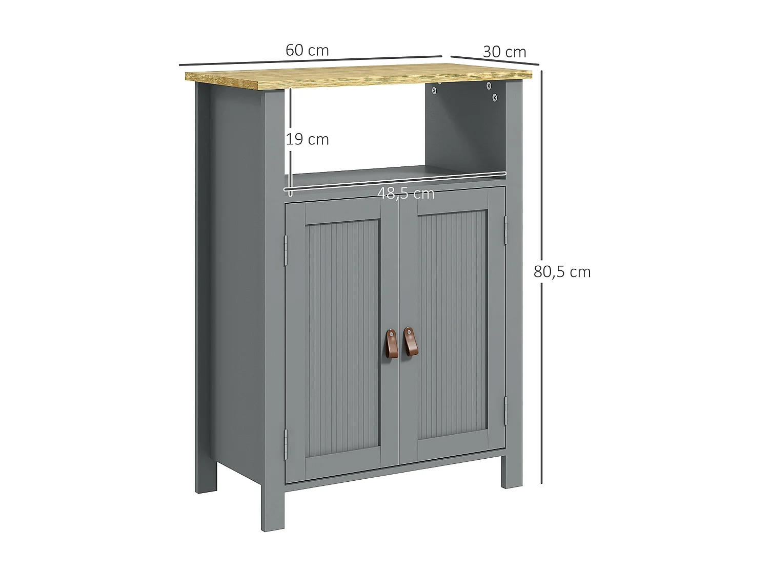 Meuble bas de salle de bain sur pied 2 portes étagère niche plateau aspect bois clair gris