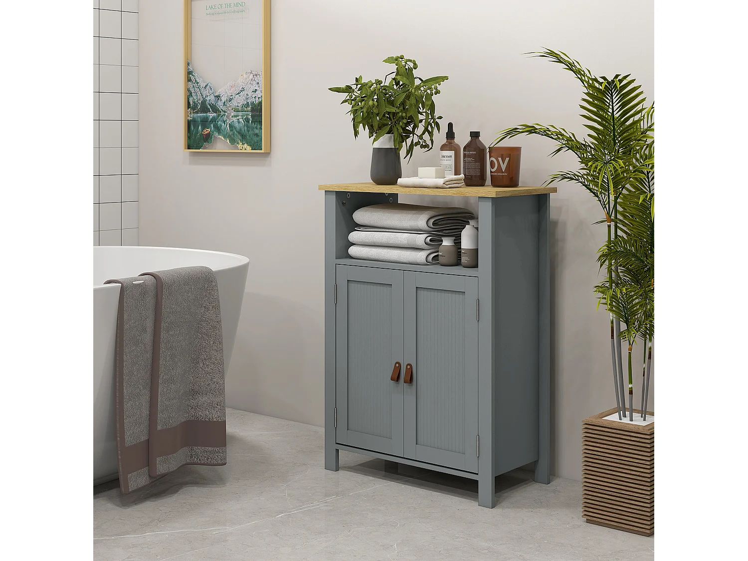 Meuble bas de salle de bain sur pied 2 portes étagère niche plateau aspect bois clair gris