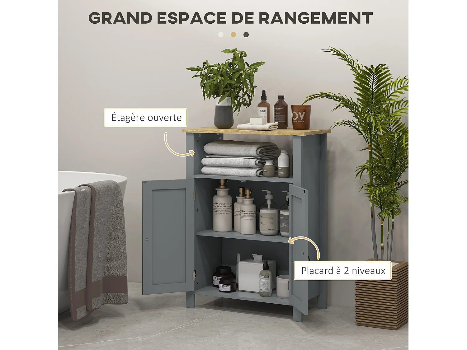 Meuble bas de salle de bain sur pied 2 portes étagère niche plateau aspect bois clair gris
