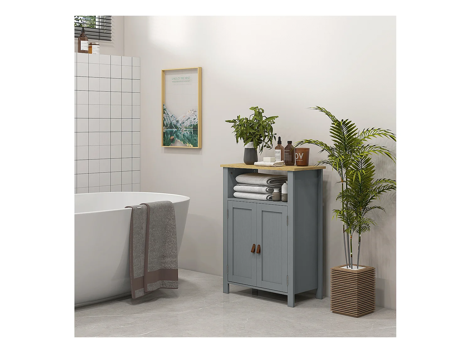 Meuble bas de salle de bain sur pied 2 portes étagère niche plateau aspect bois clair gris