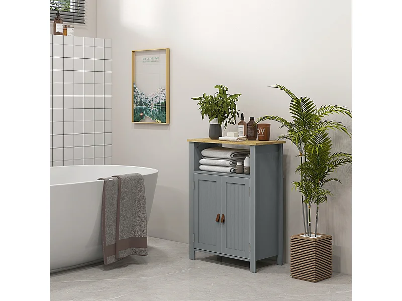 Meuble bas de salle de bain sur pied 2 portes étagère niche plateau aspect bois clair gris