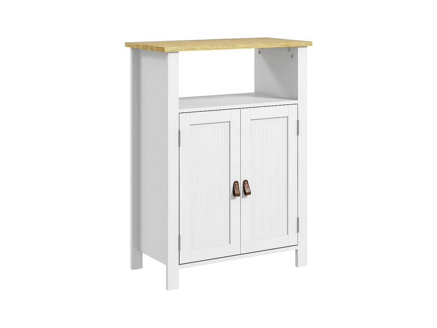 Meuble bas de salle de bain sur pied 2 portes étagère niche plateau aspect bois clair blanc