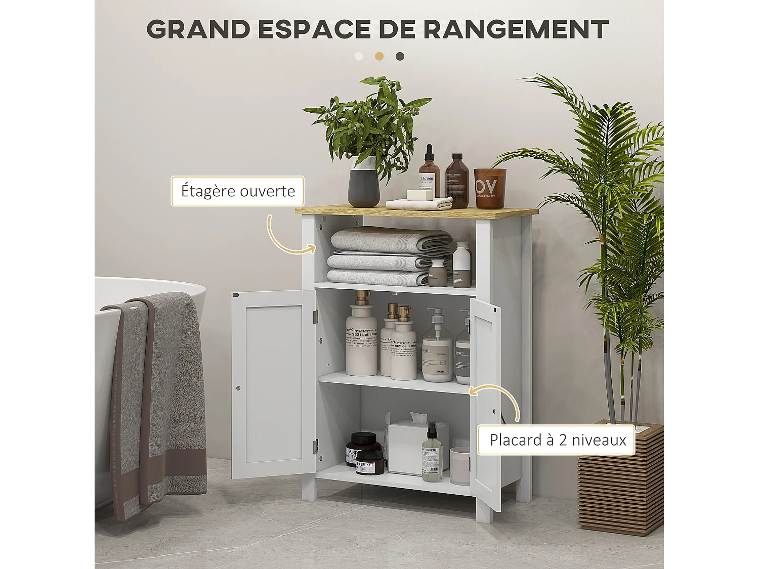Meuble bas de salle de bain sur pied 2 portes étagère niche plateau aspect bois clair blanc