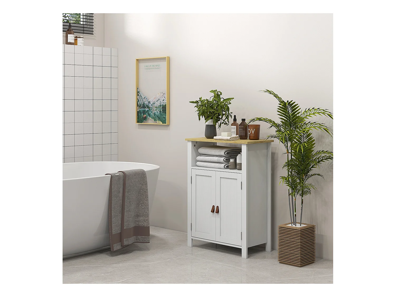 Meuble bas de salle de bain sur pied 2 portes étagère niche plateau aspect bois clair blanc