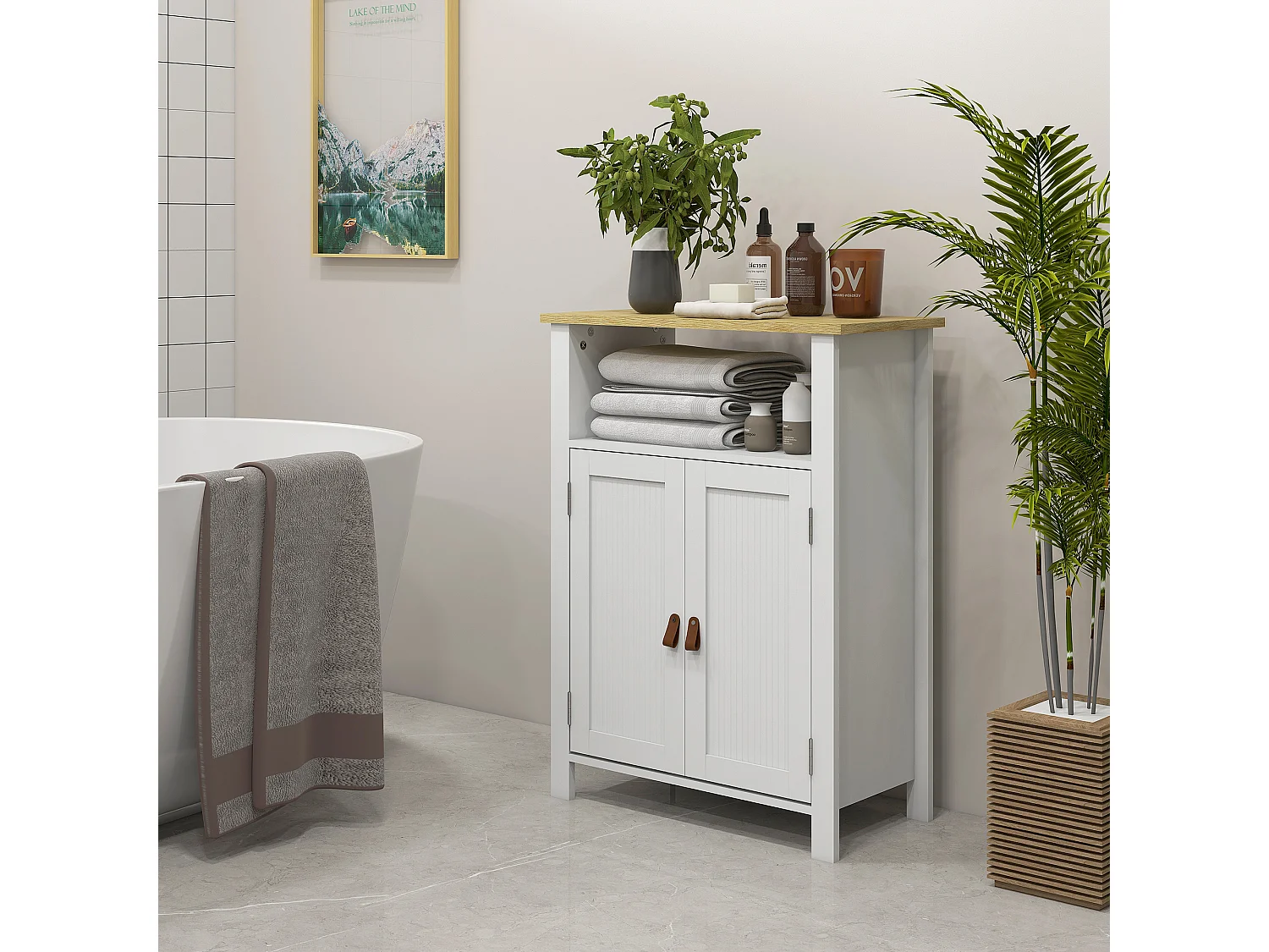 Meuble bas de salle de bain sur pied 2 portes étagère niche plateau aspect bois clair blanc