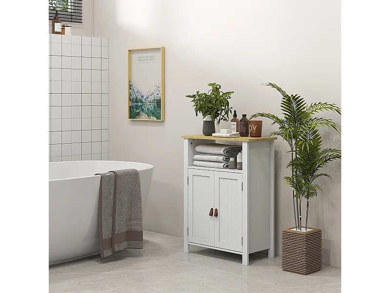 Meuble bas de salle de bain sur pied 2 portes étagère niche plateau aspect bois clair blanc