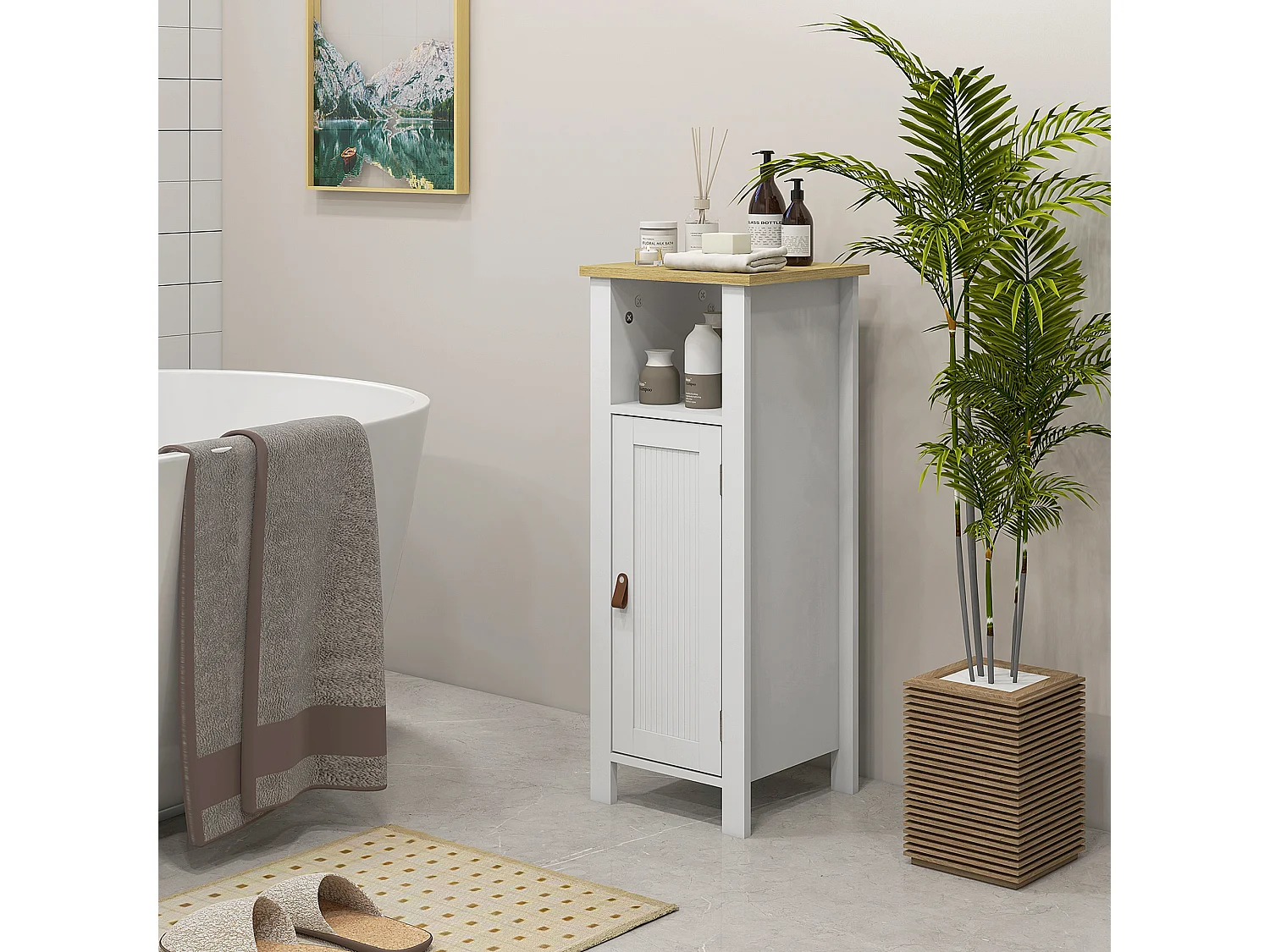 Meuble bas de salle de bain sur pied porte 2 étagères niche plateau aspect bois clair blanc