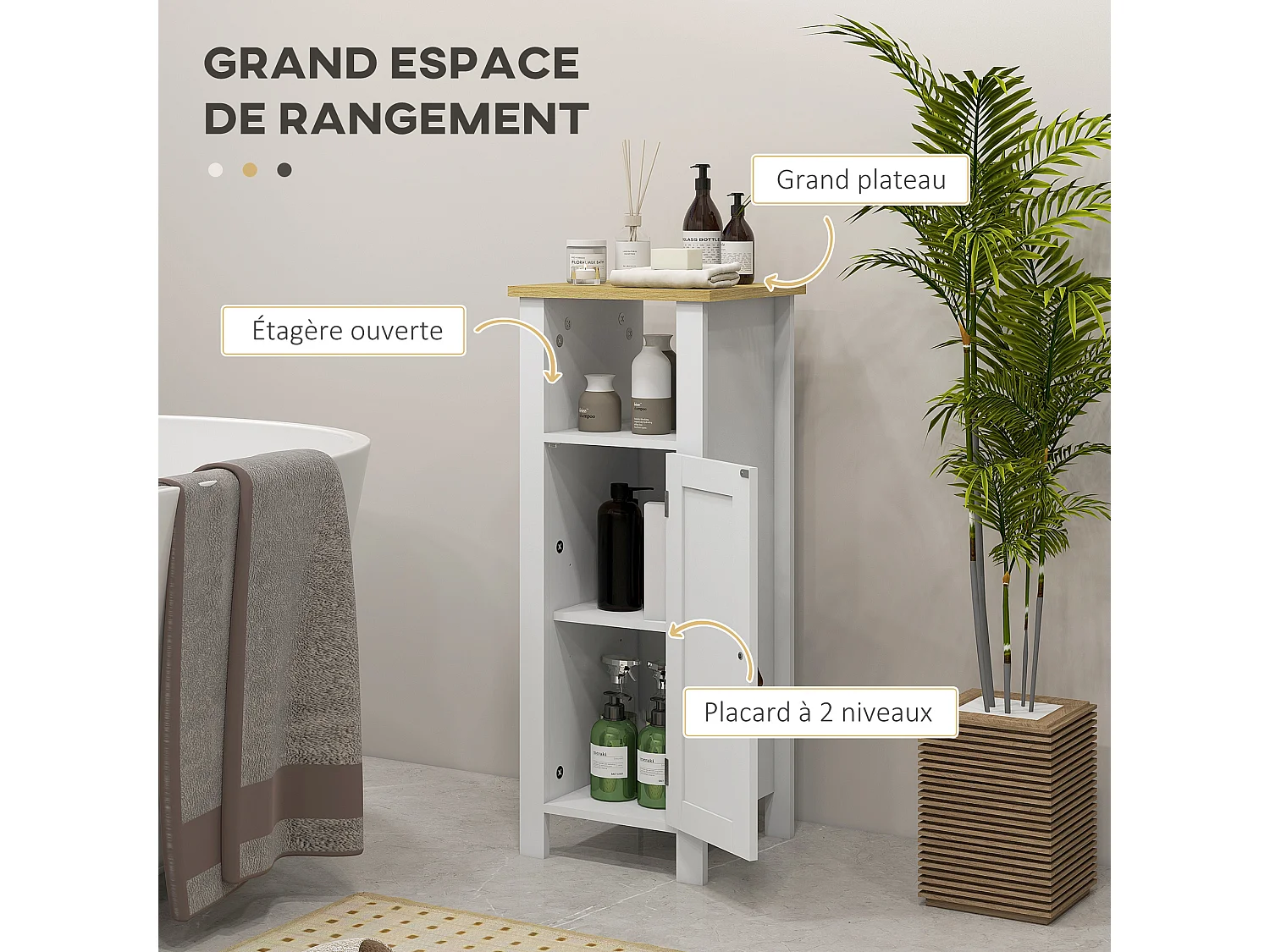 Meuble bas de salle de bain sur pied porte 2 étagères niche plateau aspect bois clair blanc