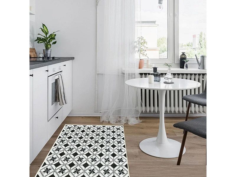 Tapis couloir 80x300 Noir motif carreaux de ciment N & B