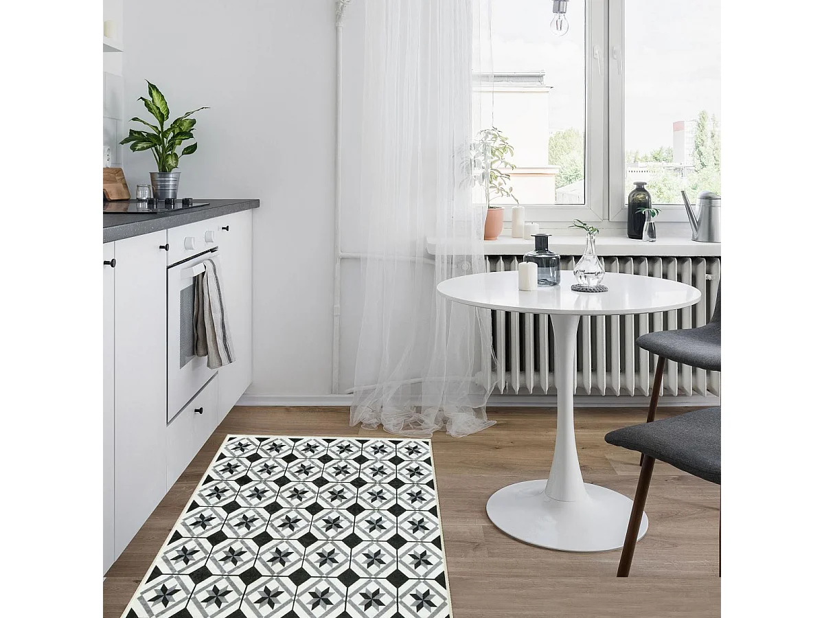 Tapis couloir 80x300 Noir motif carreaux de ciment N & B