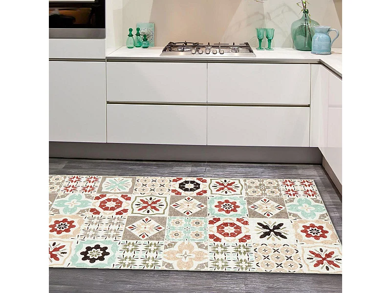 Tapis open space 70x180 rouge et bleu motif carreaux de ciment CAROMENT B