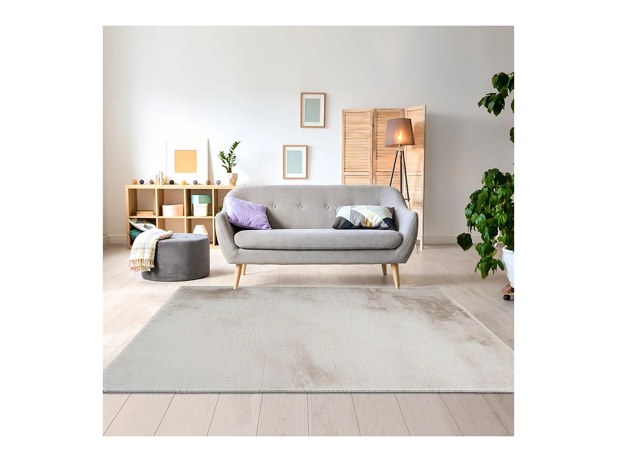 Tapis longs poils shaggy Ø120cm rond tufté beige motif uni JOUTA