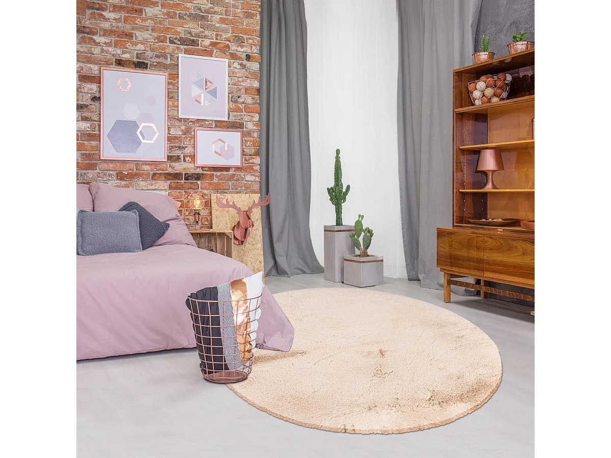 Tapis longs poils shaggy Ø120cm rond tufté beige motif uni JOUTA