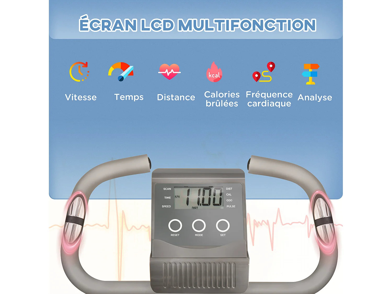 Vélo d'appartement pliant 8 niveaux de résistance magnétique dossier selle réglable poignées ergonomiques écran LCD multifonction suspensions support tablette acier