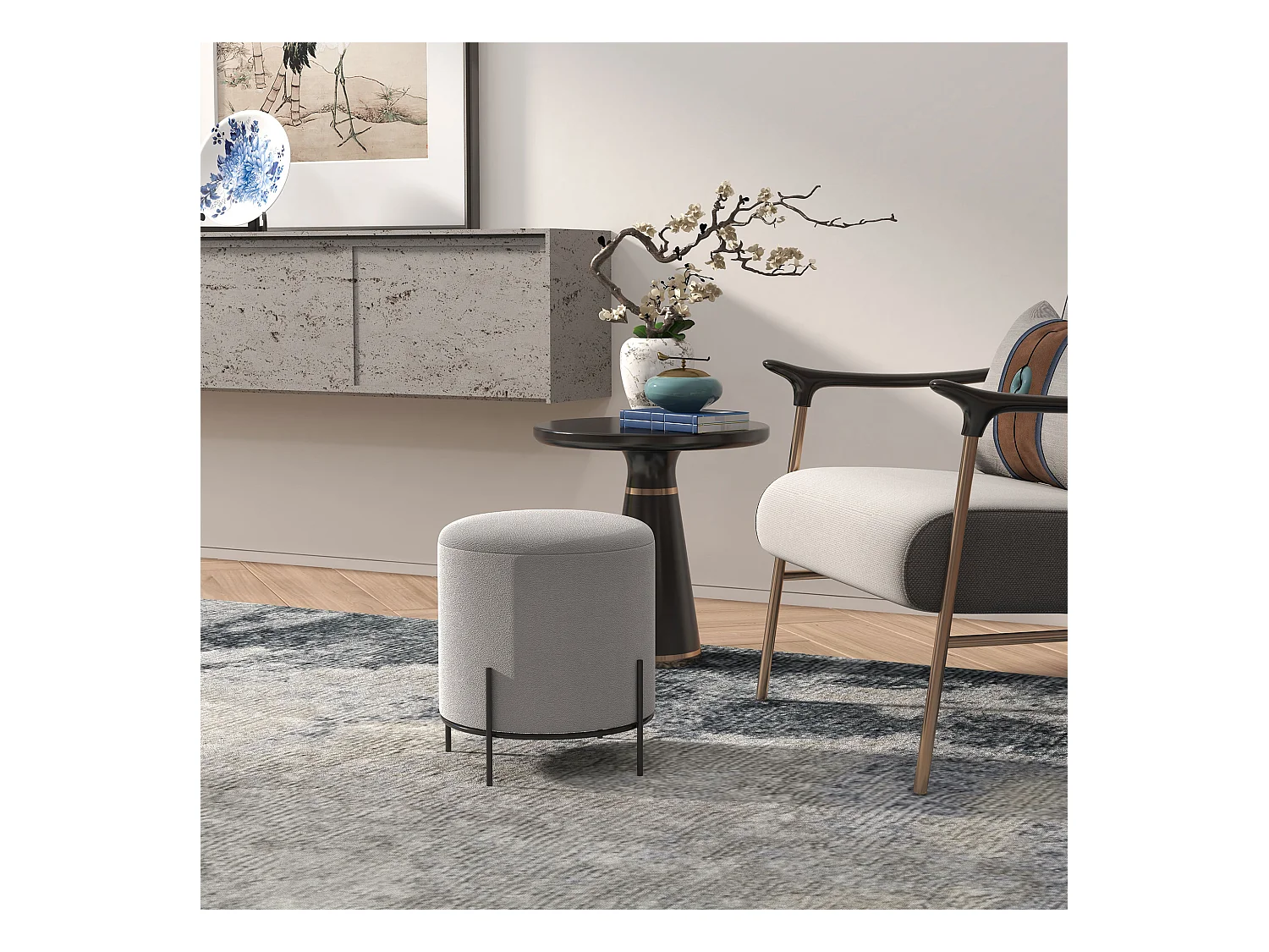 Tabouret rond style contemporain châssis piètement acier noir assise aspect velours gris clair