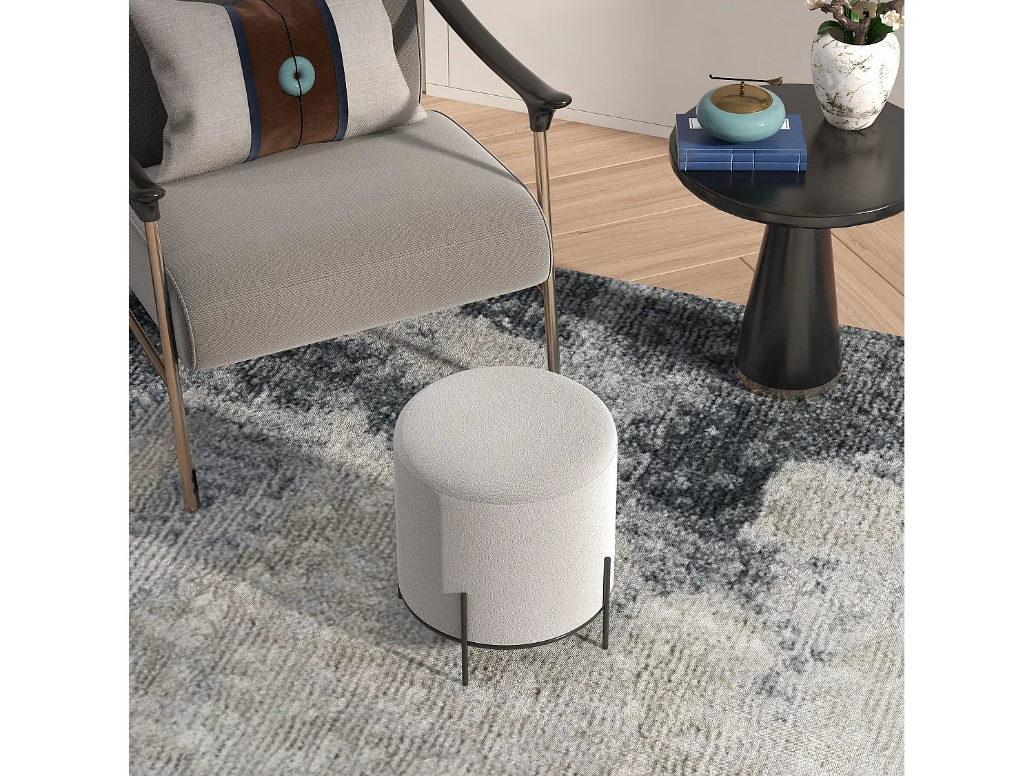 Tabouret rond style contemporain châssis piètement acier noir assise aspect velours gris clair