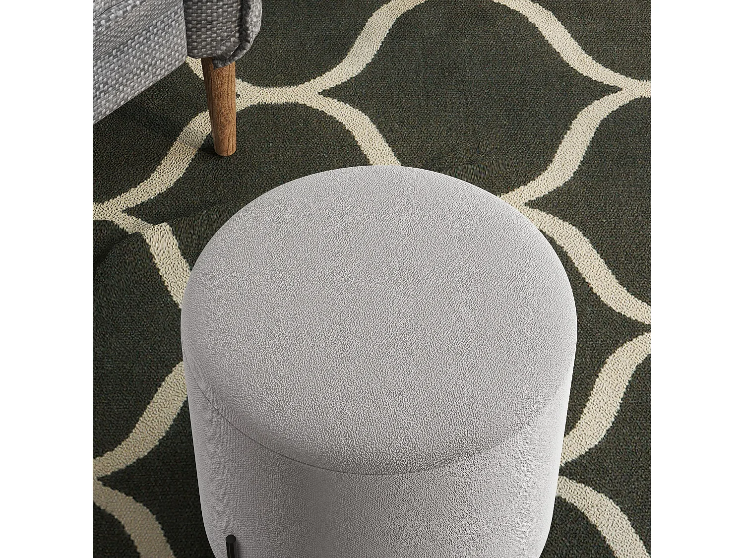 Tabouret rond style contemporain châssis piètement acier noir assise aspect velours gris clair