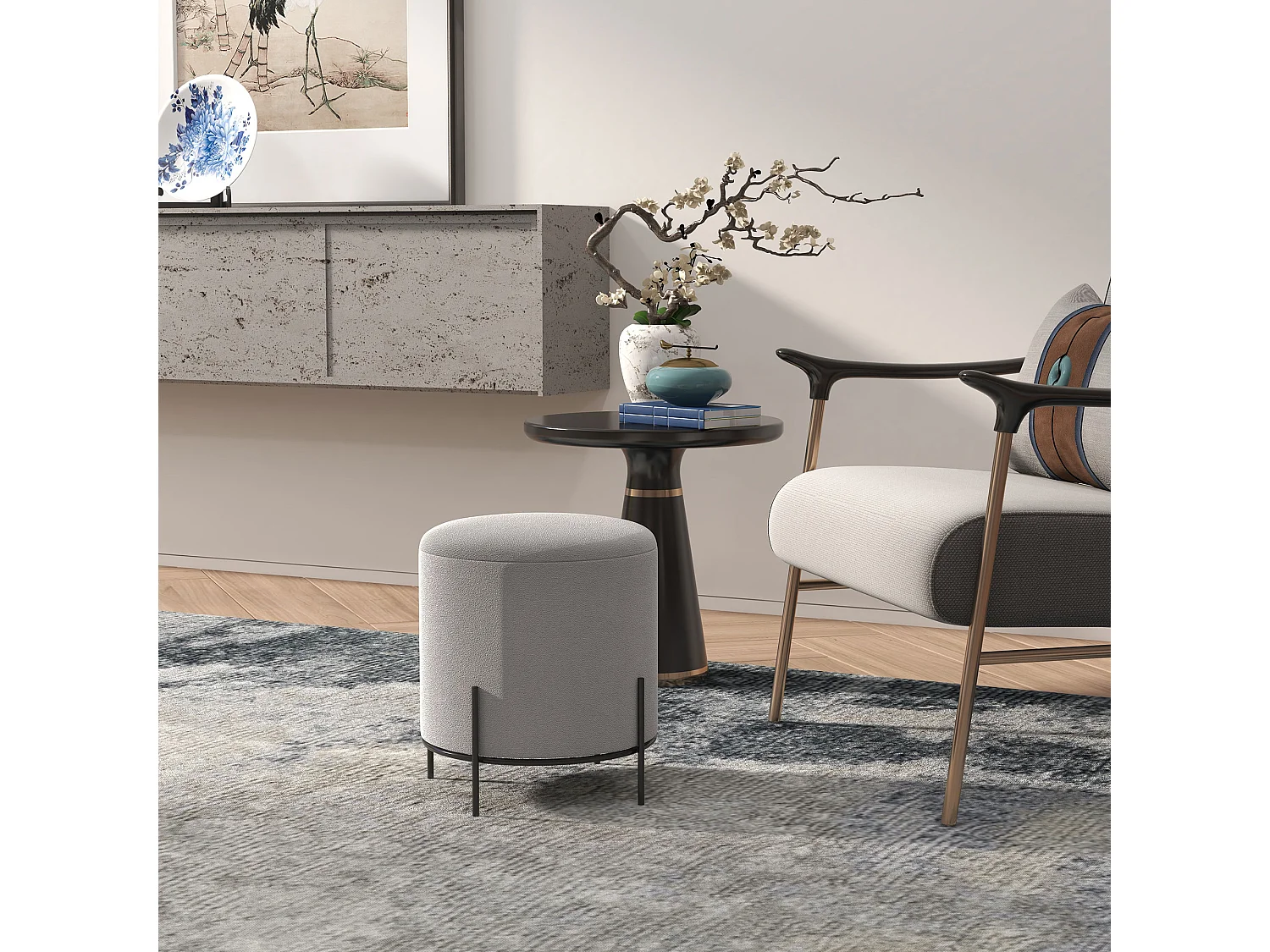 Tabouret rond style contemporain châssis piètement acier noir assise aspect velours gris clair