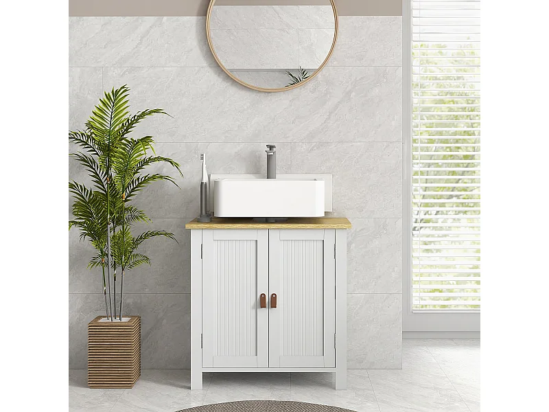 Meuble salle de bain sur pied - meuble sous-vasque - 2 portes, étagère - MDF panneaux aspect bois clair blanc