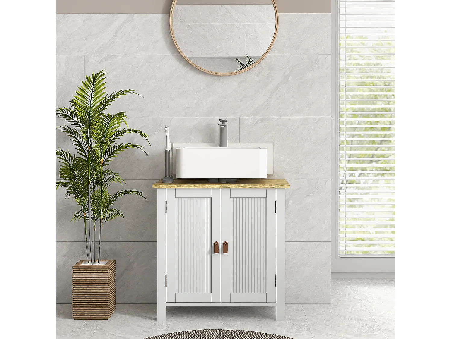 Meuble salle de bain sur pied - meuble sous-vasque - 2 portes, étagère - MDF panneaux aspect bois clair blanc