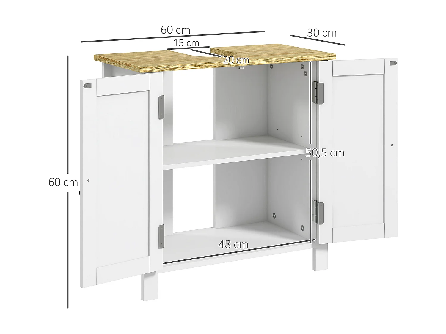 Meuble salle de bain sur pied - meuble sous-vasque - 2 portes, étagère - MDF panneaux aspect bois clair blanc