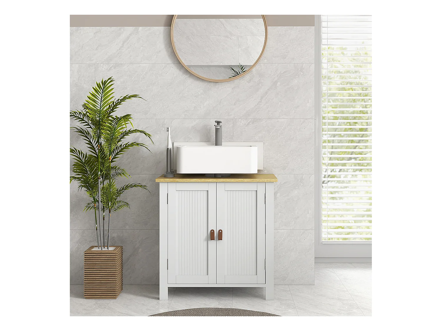 Meuble salle de bain sur pied - meuble sous-vasque - 2 portes, étagère - MDF panneaux aspect bois clair blanc
