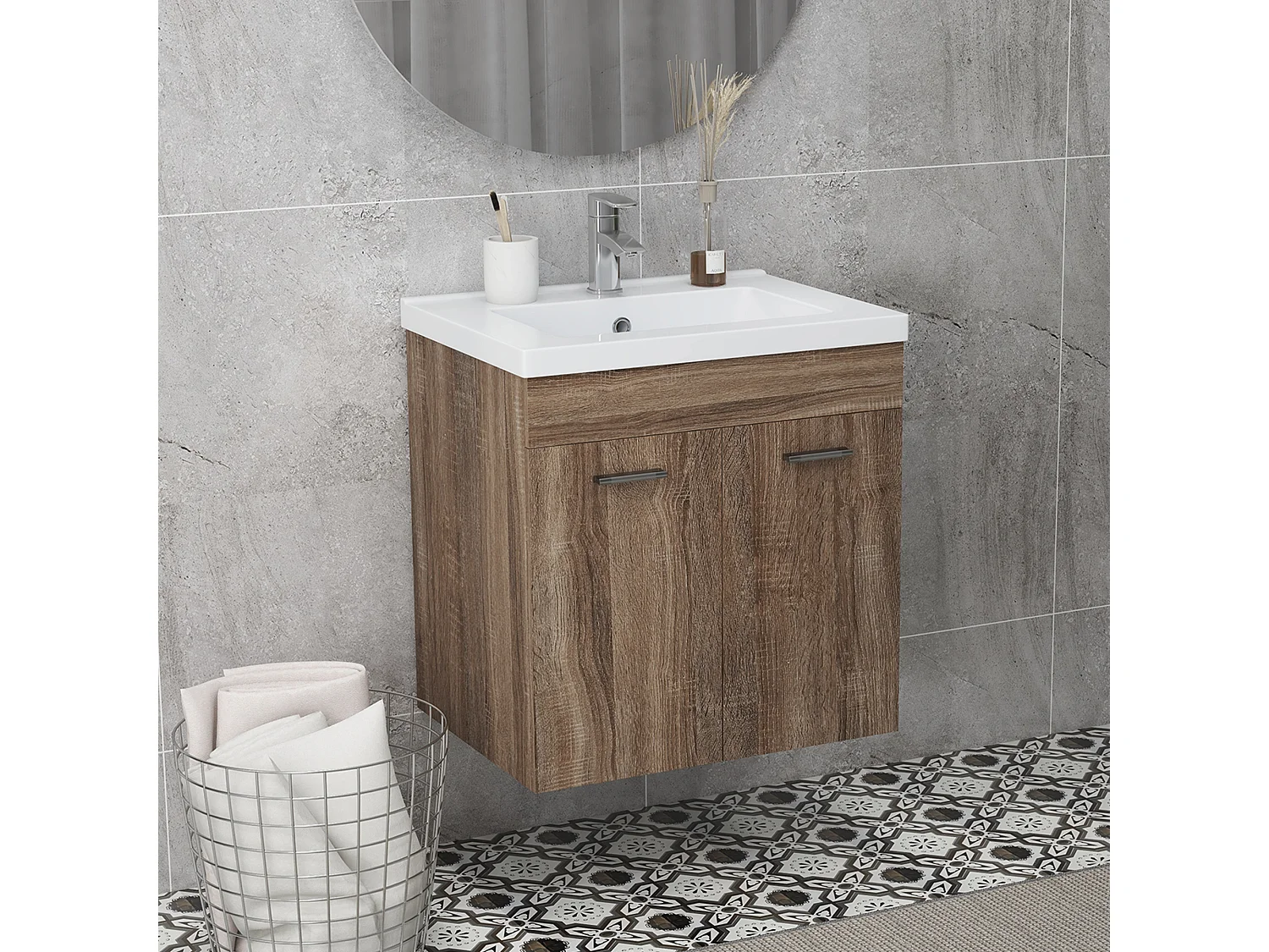 Meuble sous-vasque suspendu - vasque céramique incluse - 2 portes, étagère - dim. 60L x 45l x 60H cm - aspect bois